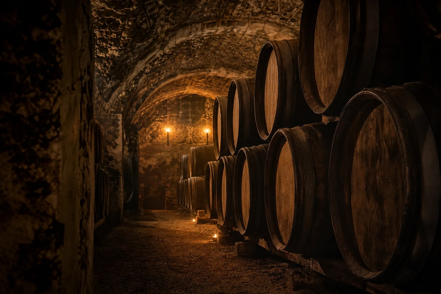Oak barrels in a stone cellar
