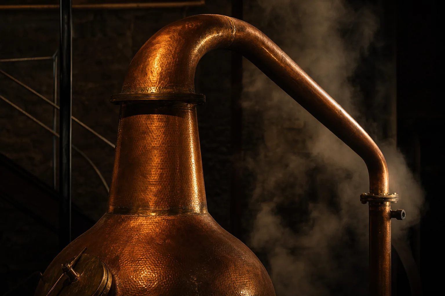 Copper still with rising steam