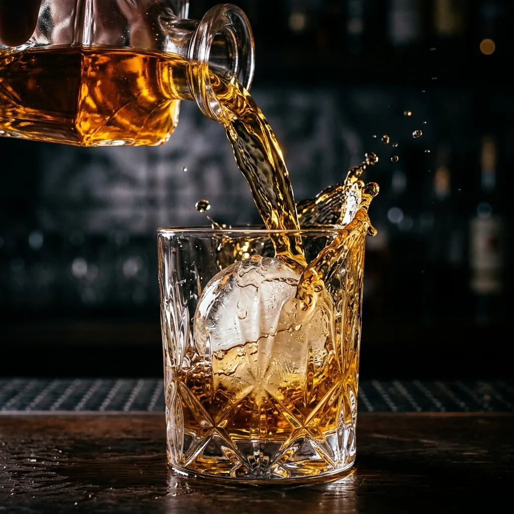 Whiskey being poured over a single ice sphere